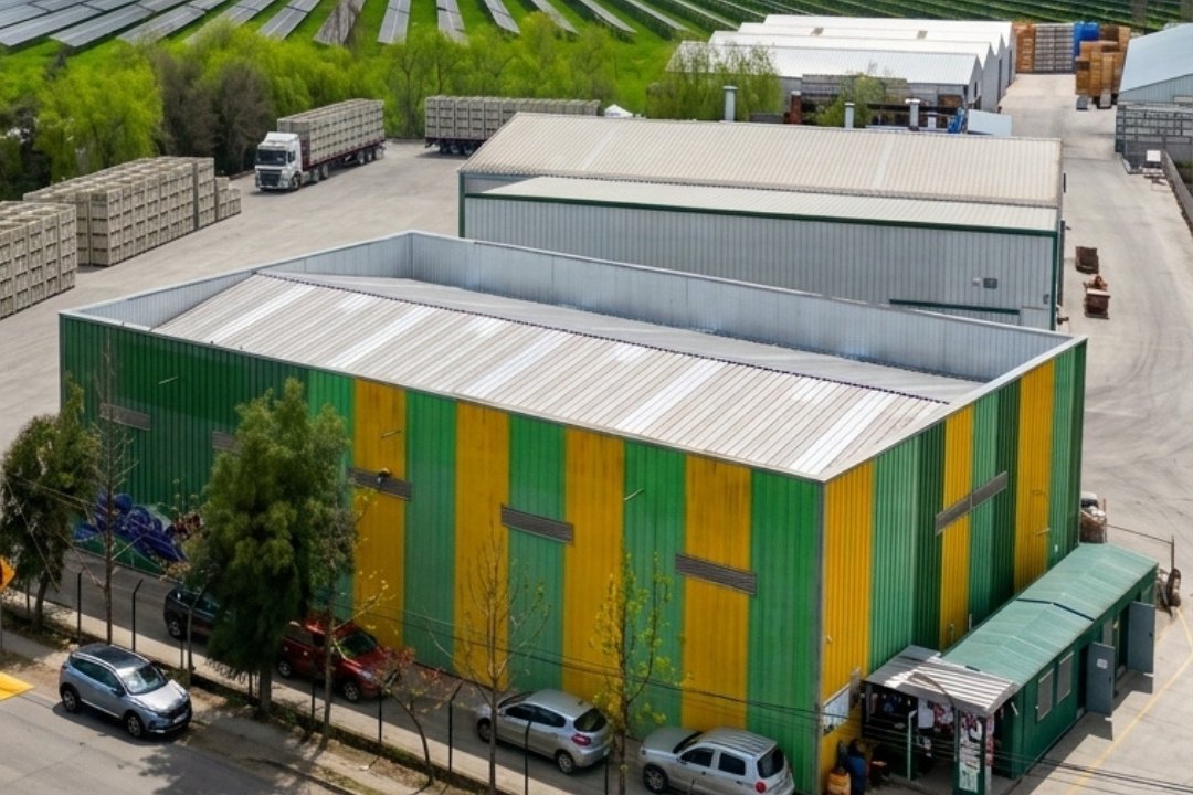 Planta de proceso de Los Montes en Guacarhue, Región de O’Higgins, con el parque fotovoltaico de fondo