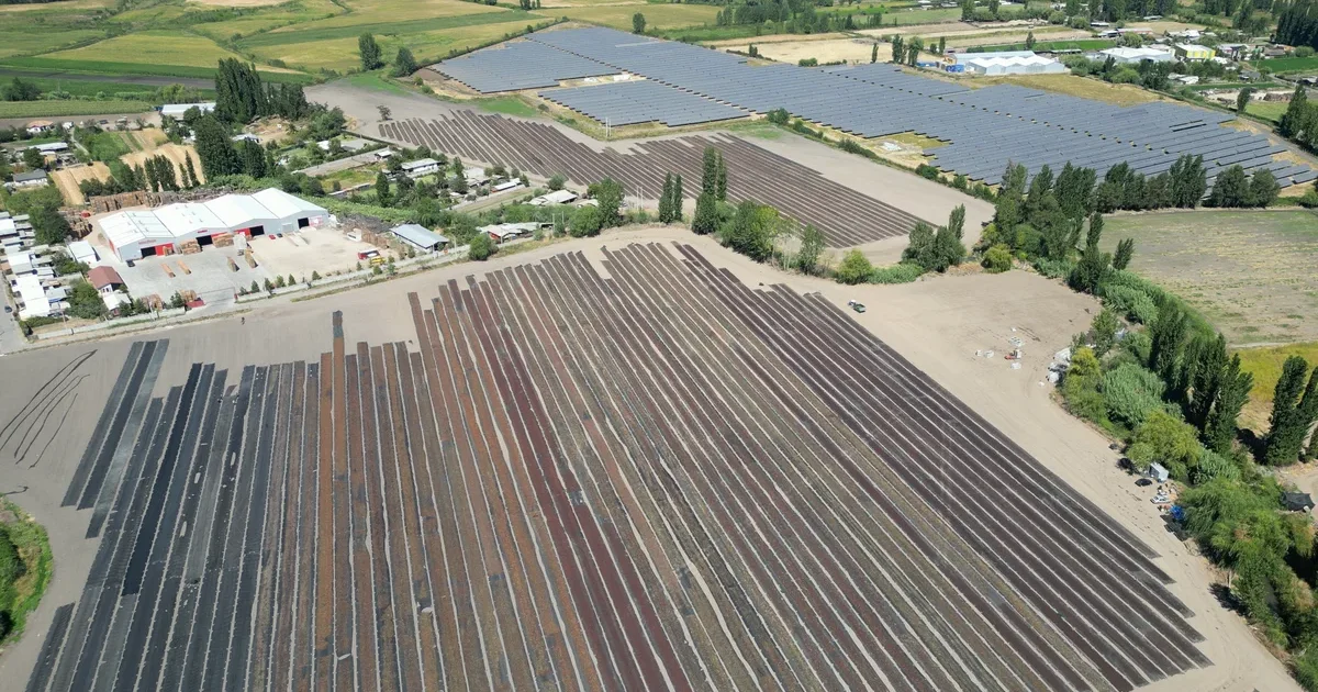 Vista aérea de las canchas de secado de ciruela junto al parque fotovoltaico, Región de O’Higgins